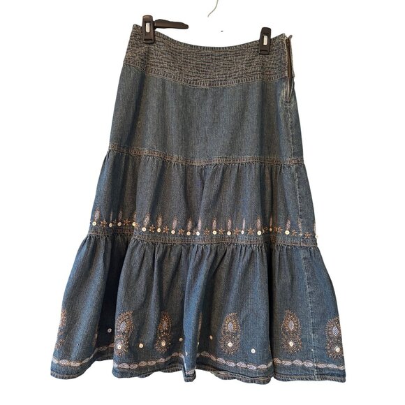 FRN By Fransa Bohemian Denim Skirt With Embroidered Details Tiered Design M.L - Picture 11 of 13